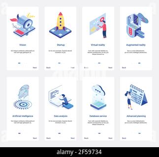 Isometric artificial intelligence for business startup UX, UI mobile app page screen set Stock Vector