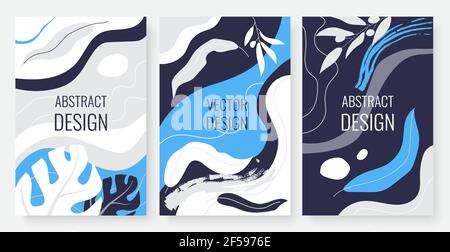 Abstract trendy minimal leaf, wavy line set, template background for social media stories or wall pictures Stock Vector