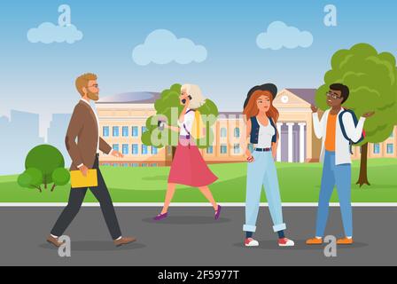 People walk near university campus in city landscape, young students talking, walking Stock Vector