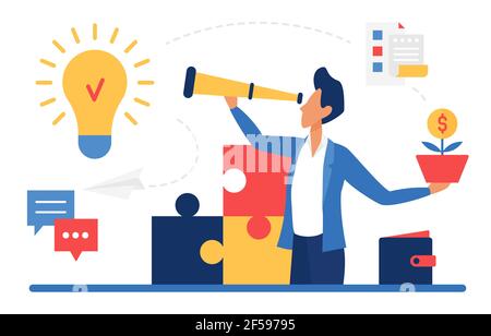 Success business new idea concept, businessman leader character looking through telescope Stock Vector