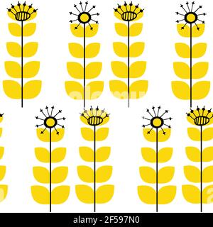 Dandelion seeds seamless vector pattern background. Abstract folk art style pairs of herbacious yelllow black garden or field flowers on white Stock Vector
