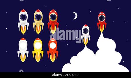 Rocket avatar template. Rockets with window porthole for face portrait. Suitable for team building, games, interaction, infographic, and score trackin Stock Vector