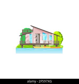 Bungalow wooden house on water with palm trees Stock Vector