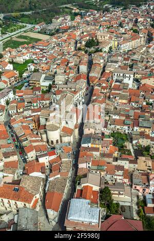 aerial view of an ancient mountain village where the main road was the tratturo or transhumance route. Pratola Peligna, province of L'Aquila, Abruzzo Stock Photo