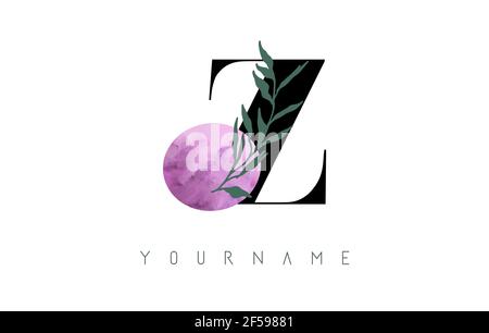 Z Letter logo design with pink circle and green leaves. Vector Illustration with with Botanical elements. Nature template concept with Z letter. Stock Vector