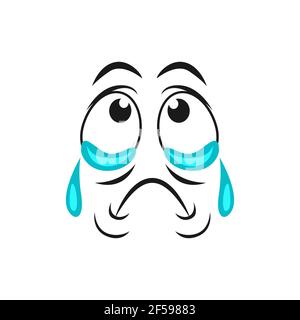 Cartoon crying face, sad emoji with tears dripping Stock Vector
