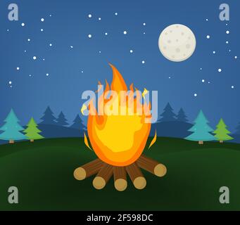 Lag Baomer bonfire in the forest, Lag B'Omer Jewish holiday, camping concept. Vector illustration Stock Vector