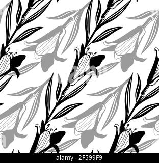 Black simple lily pattern. Seamless black white flower pattern. Vector illustration. Stock Vector
