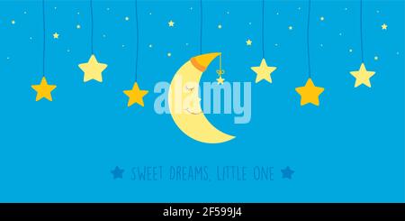 hanging sleeping moon and stars in sky childhood Stock Vector