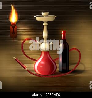 Realistic hookah with a bottle of wine on a wooden background with a torch and smoke. Vector illustration. Stock Vector