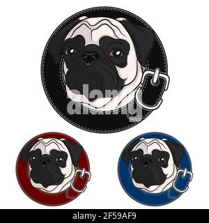 Set of color illustrations with a pug in a collar. Isolated vector objects on a white background. Stock Vector