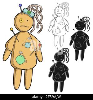 Vector set of images with a voodoo doll. Isolated objects on a white background. Stock Vector
