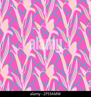 Pink blue lily pattern. Seamless yellow geometry flower pattern. Vector illustration. Stock Vector