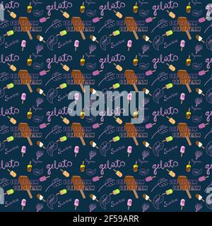 Seamless pattern with ice cream, sketched plants and lettering on dark blue background Stock Vector