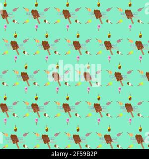 Bright pattern with ice cream and lettering on a turquoise background Stock Vector