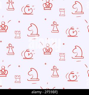 Seamless pattern with different chess pieces. Texture with chess elements in doodle style. Stock Vector