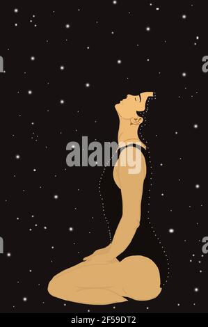 Silhouette of woman blended with a starry sky in connection with spiritual life while meditating and relaxing at leisure. Mindfulness Concept 2021. Stock Photo