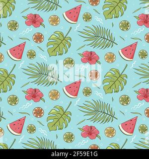Seamless pattern of summer vibes items. Repeated ornament of tropical leaves, watermelon and citrus fruits. Vector colorful hand drawn doodle illustration for wrapping paper, wallpaper, background, textile and fabric  Stock Vector