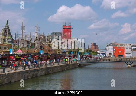 geography / travel, Canada, Montreal, Vieux-Port, The basin, Tyrolienne MTL Zipline, Clock Tower pier, Additional-Rights-Clearance-Info-Not-Available Stock Photo