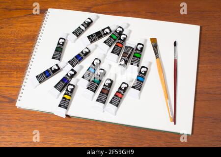 Tubes of acrylic paints on a sketchpad with brushes Stock Photo