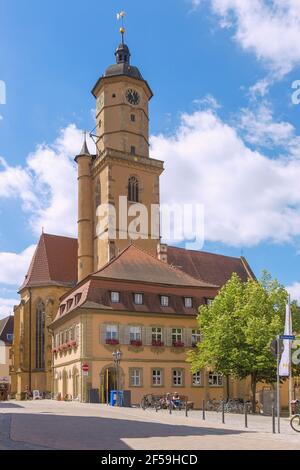 geography / travel, Germany, Volkach, parish church St. Bartholomew and St. George, marketplace, Additional-Rights-Clearance-Info-Not-Available Stock Photo