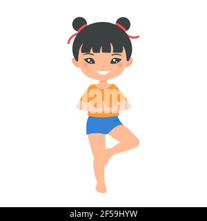 Cute Chinese chibi girl doing yoga, isolated on white background. Cartoon flat style. Vector illustration Stock Photo