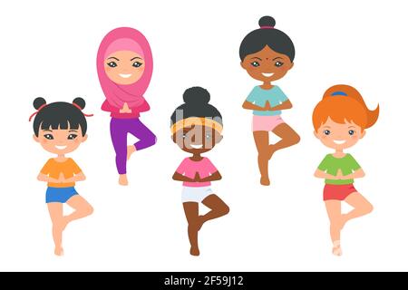 Set of cute chibi girls of different nationalities doing yoga. Isolated on white background. Cartoon flat style. Vector illustration Stock Photo