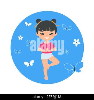 Cute Chinese chibi girl doing yoga on blue background. Cartoon flat style. Vector illustration Stock Photo