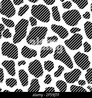 Vector cow hide pattern seamless background. Black irregular patches on white backdrop. Abstract conceptual cows skin design with stylised diagonal Stock Vector