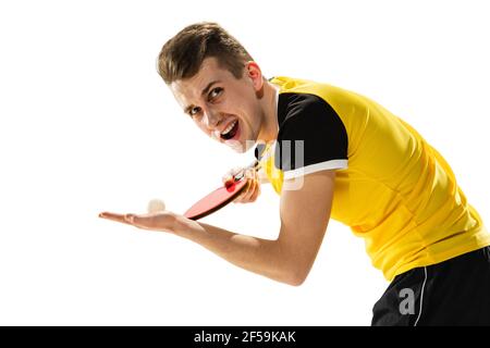 Funny emotions of professional tablet tennis player isolated on white studio background, excitement in game Stock Photo