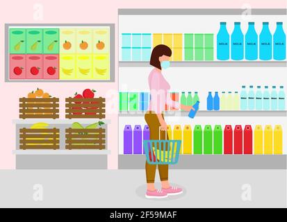 Woman in the store buys groceries. Girl with a trolley in a grocery store. A young lady in a mask buys groceries. Vector illustration Stock Vector