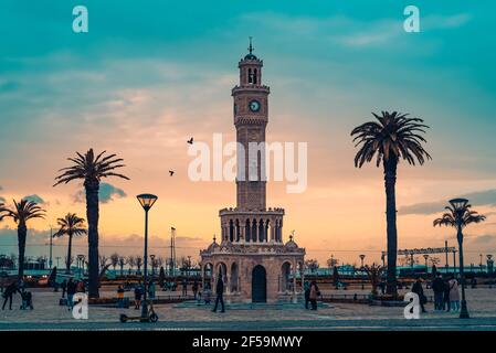 Izmir, Turkey - March 23 2021: Izmir Clock Tower in Konak square. Famous place. Sunset colors. Stock Photo