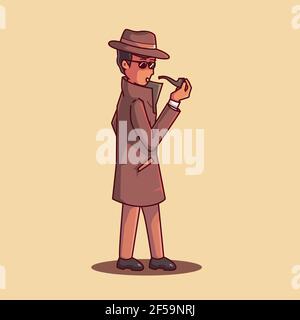 Detective cartoon illustration. the detective holding the smoking pipe Stock Vector