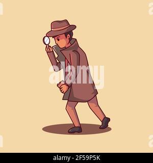 Detective cartoon illustration. the detective is spying Stock Vector