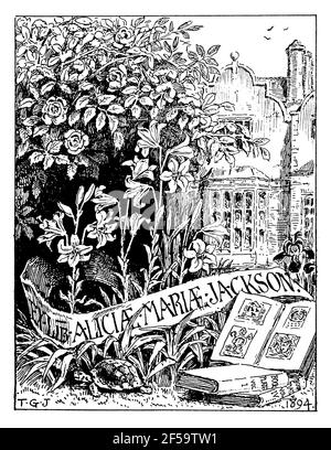 1894 Pictorial bookplate with books in garden of grand house for Alice Maria Jackson by architect Sir Thomas Graham Jackson RA Stock Photo