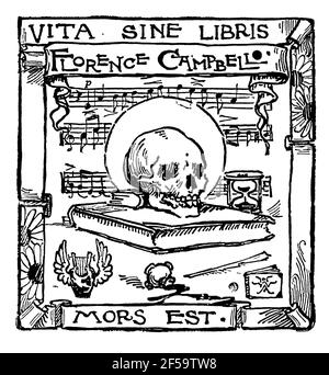 Vita Sine Libris Mors Est (Life without books is death) mortality bookplate for author and poet, Florence Campbell-Perugini by British animal Artist A Stock Photo