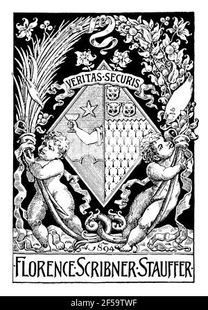 1894 American armorial bookplate for Florence Scribner Stauffer of Yonkers, Westchester County, New York, USA with motto Veritas securis designed by h Stock Photo