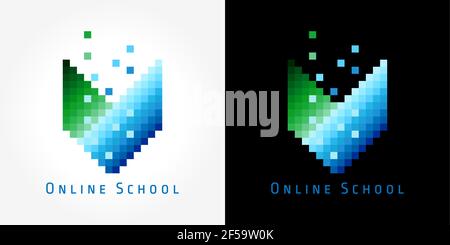 Digital book logotype. Educational pixel colored isolated emblem. Virtual i.q. courses, scientific, learning, reading e-book, e-library, e-reader, sto Stock Vector