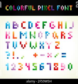 ABC pixel style colored. Set of vector multicolored letters, numbers. Alphabet in pixels and various colors. A b c d e f g h i j k l m n o p q r s t u Stock Vector