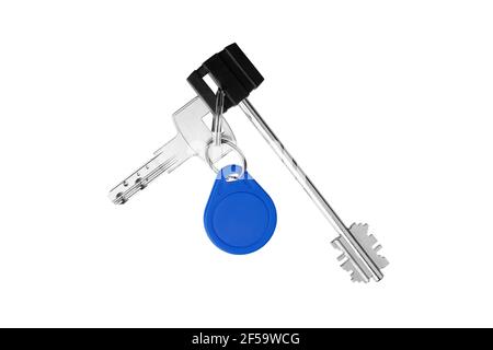 House door lock keys bunch and magnetic key on ring on white background isolated close up, two silver metal keys on keyring, pair of steel keys, fob Stock Photo