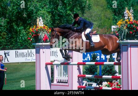 The National, Spruce Meadows, June 2001, Gail Greenough (CAN) riding Lesandra, Akita Drilling Cup Stock Photo