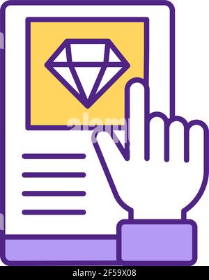 Online marriage diamond ring proposal RGB color icon. Stock Vector