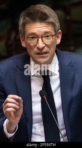 Vice-prime minister and minister of Economy and Work Pierre-Yves Dermagne pictured during a plenary session of the Chamber at the Federal Parliament i Stock Photo