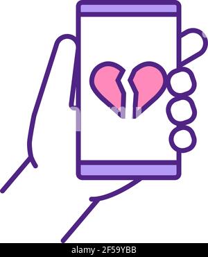 Broken heart on mobile screen RGB color icon. Stock Vector