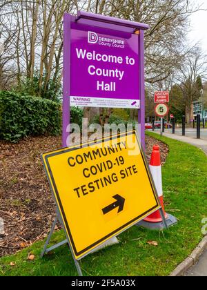 Sign outside Community Covid 19 Testing Site offering lateral flow tests in Matlock Derbyshire UK during the third English lockdown in March 2021. Stock Photo