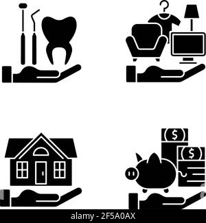 Insurance and protection black glyph icons set on white space Stock Vector