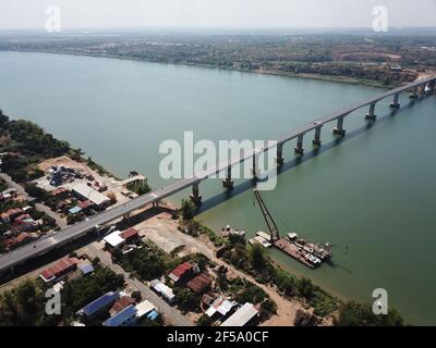 (210325) -- PHNOM PENH, March 25, 2021 (Xinhua) -- Aerial photo taken on March 11, 2021 shows the eighth Cambodia-China Friendship Bridge across the Mekong River, connecting Kampong Cham province and Tboung Khmum province in southeastern Cambodia. Construction work on the eighth Cambodia-China Friendship Bridge was completed earlier than schedule despite the COVID-19 pandemic, Cambodian Minister of Public Works and Transport Sun Chanthol said on Tuesday. (Shanghai Construction Group/Handout via Xinhua) Stock Photo