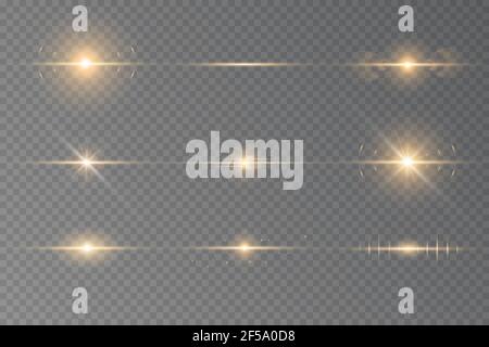 Special effect with rays of light and magic sparkles. Yellow horizontal lens flares pack. Sunlight a translucent. Design of the light effect. Vector i Stock Vector