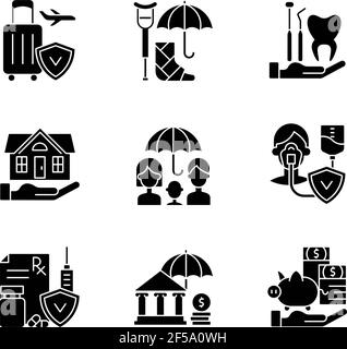 Insurance and protection black glyph icons set on white space Stock Vector