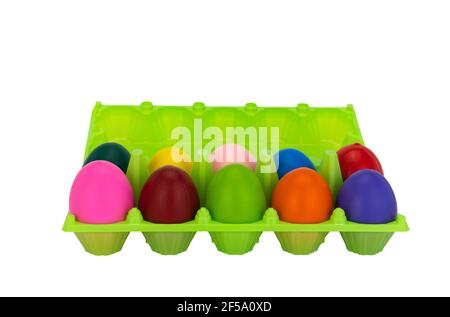 colorful eggs in box. plastic package. white background for easter concepts with space for text Stock Photo
